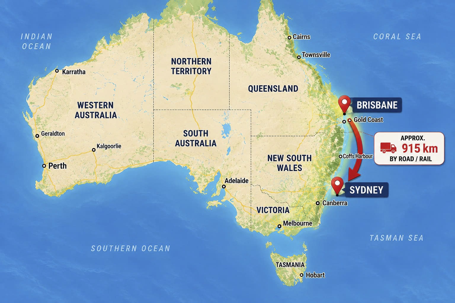 A map of the route between Brisbane and Sydney